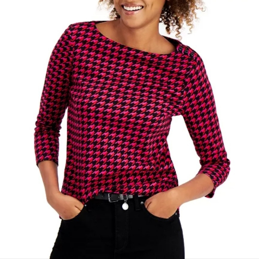 😎SALE😎 Charter Club Red and Black Houndstooth Long Sleeve Cotton Top